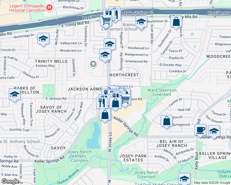 map of restaurants, bars, coffee shops, grocery stores, and more near 1945 East Jackson Road in Carrollton