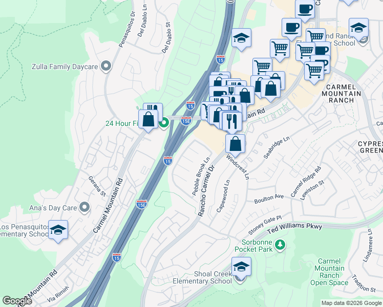 map of restaurants, bars, coffee shops, grocery stores, and more near 11289 Pinestone Court in San Diego