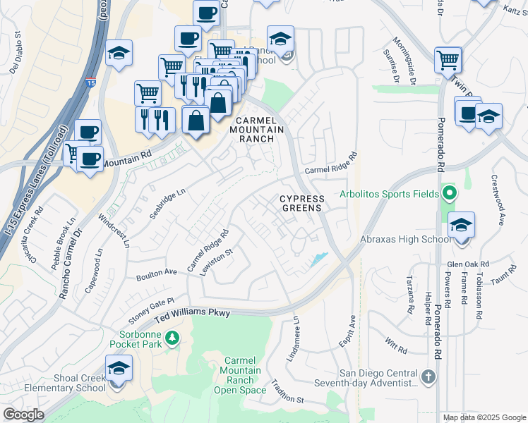 map of restaurants, bars, coffee shops, grocery stores, and more near 11937 Tivoli Park Row in San Diego