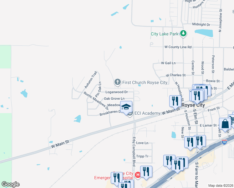 map of restaurants, bars, coffee shops, grocery stores, and more near 900 Oak Grove Lane in Royse City