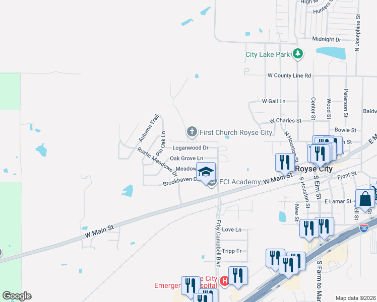 map of restaurants, bars, coffee shops, grocery stores, and more near 900 Oak Grove Lane in Royse City