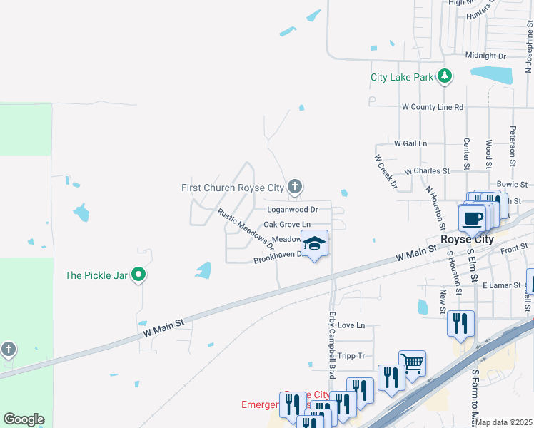map of restaurants, bars, coffee shops, grocery stores, and more near 921 Loganwood Drive in Royse City