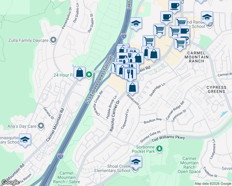 map of restaurants, bars, coffee shops, grocery stores, and more near 14182 Pebble Brook Lane in San Diego
