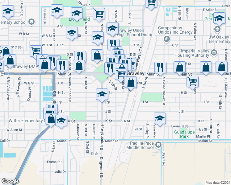 map of restaurants, bars, coffee shops, grocery stores, and more near 476 To 498 East H Street in Brawley