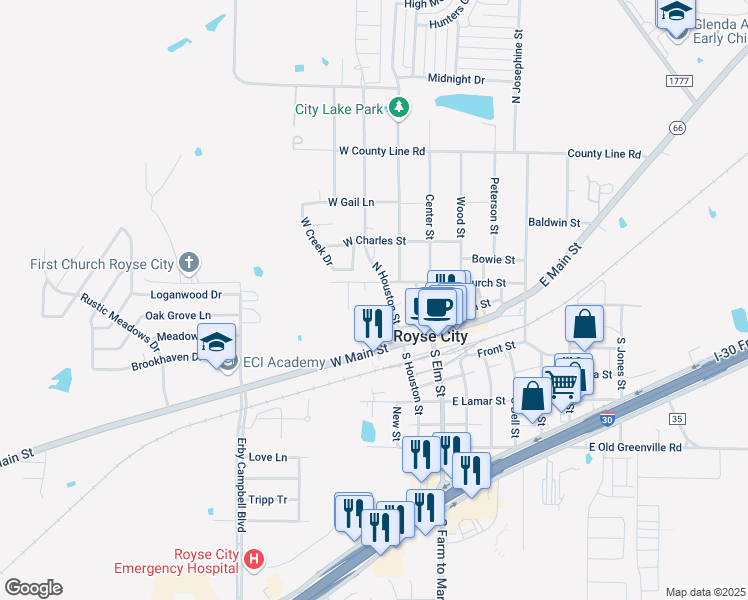map of restaurants, bars, coffee shops, grocery stores, and more near 213 North Houston Street in Royse City