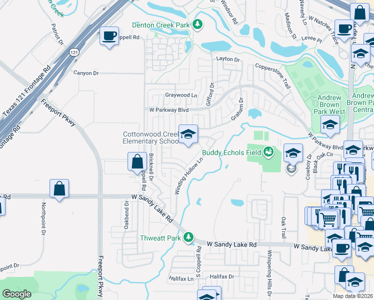 map of restaurants, bars, coffee shops, grocery stores, and more near 615 Minyard Drive in Coppell