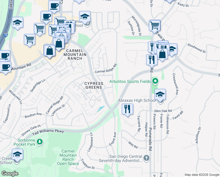 map of restaurants, bars, coffee shops, grocery stores, and more near 12169 Via San Loreno in San Diego