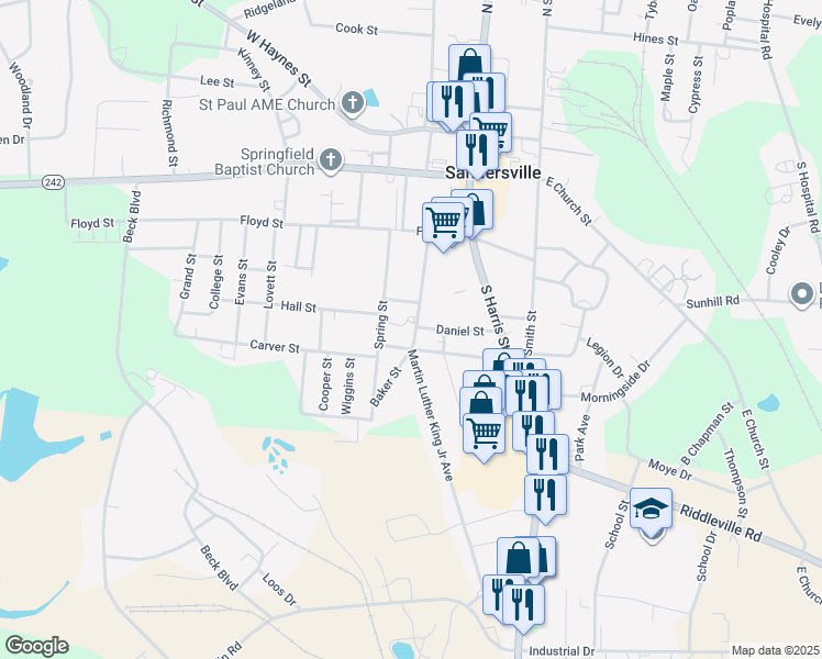 map of restaurants, bars, coffee shops, grocery stores, and more near 202 Newman Turner Street in Sandersville