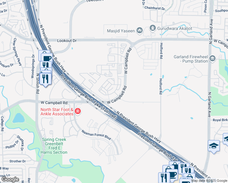 map of restaurants, bars, coffee shops, grocery stores, and more near 1759 West Campbell Road in Garland