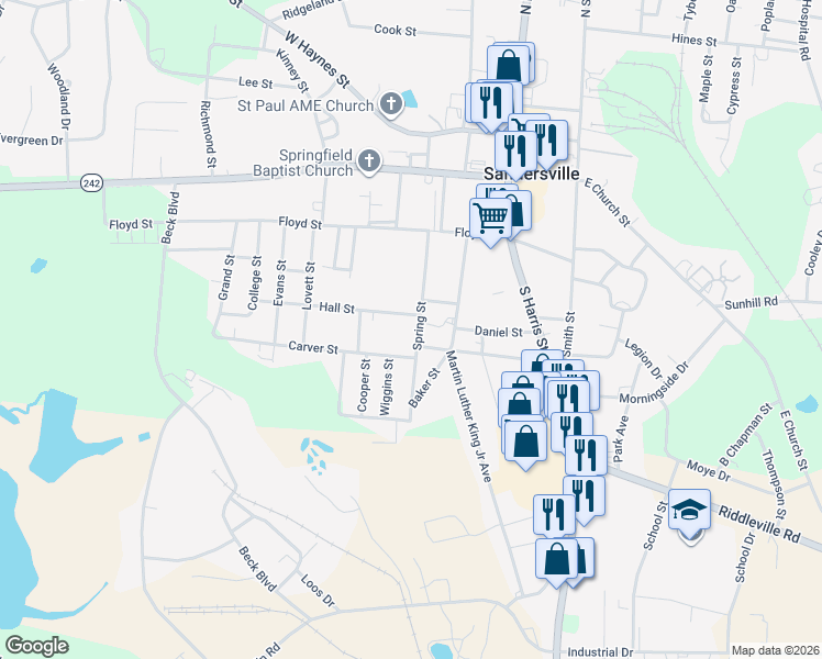 map of restaurants, bars, coffee shops, grocery stores, and more near 406 Spring Street in Sandersville