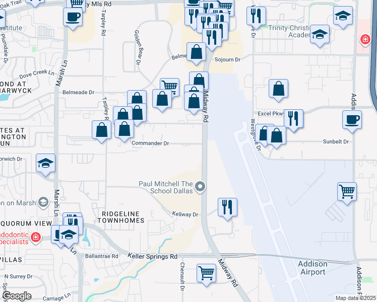 map of restaurants, bars, coffee shops, grocery stores, and more near 3230 Commander Dr in Carrollton