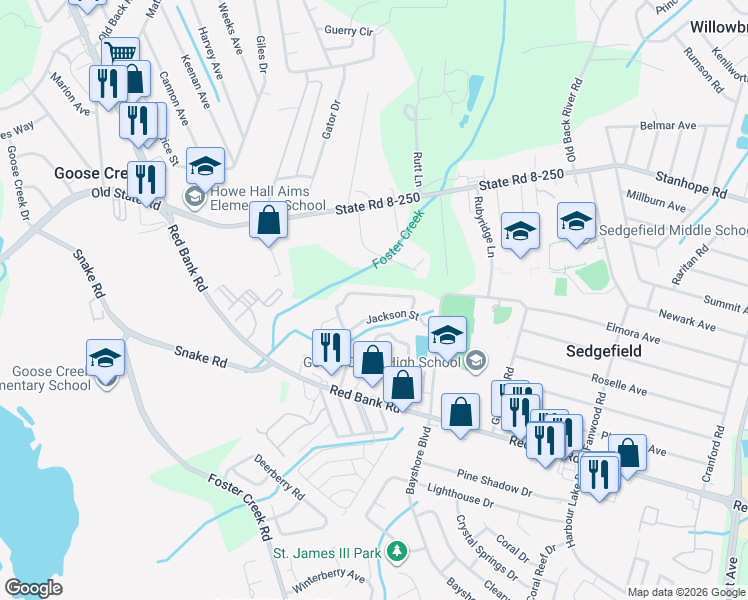 map of restaurants, bars, coffee shops, grocery stores, and more near 242 Jackson Street in Goose Creek