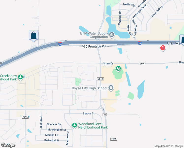 map of restaurants, bars, coffee shops, grocery stores, and more near 149 Red Hickory Drive in Royse City