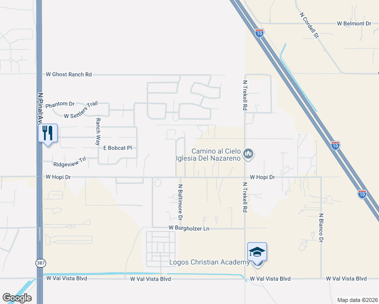 map of restaurants, bars, coffee shops, grocery stores, and more near 10503 North Dumont Trail in Casa Grande