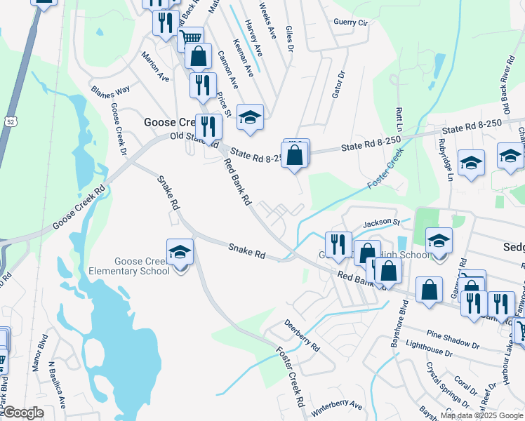 map of restaurants, bars, coffee shops, grocery stores, and more near 833 Red Bank Road in Goose Creek