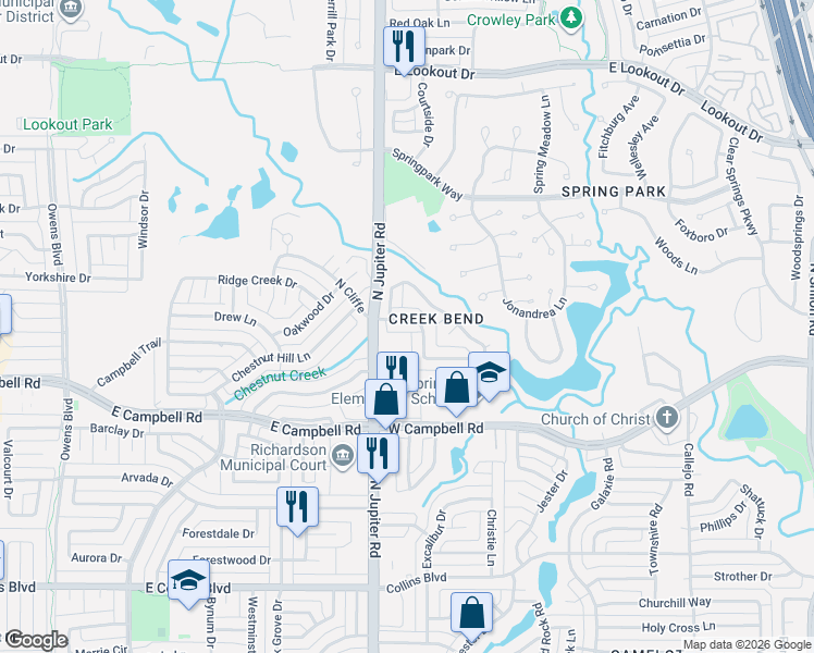 map of restaurants, bars, coffee shops, grocery stores, and more near 3418 Heather Hill Drive in Garland