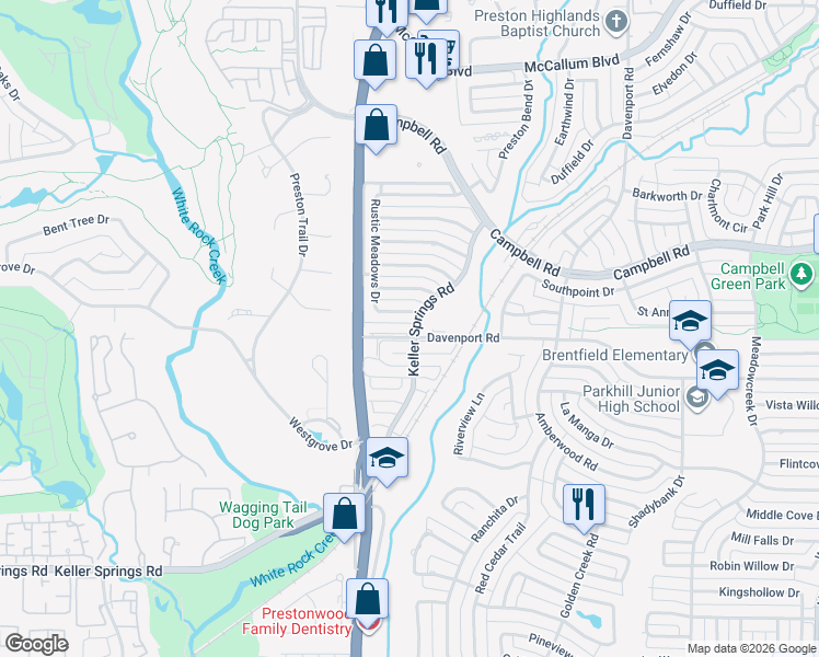 map of restaurants, bars, coffee shops, grocery stores, and more near 6019 Blue Mist Lane in Dallas