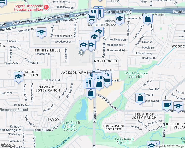 map of restaurants, bars, coffee shops, grocery stores, and more near 2211 Salem Drive in Carrollton