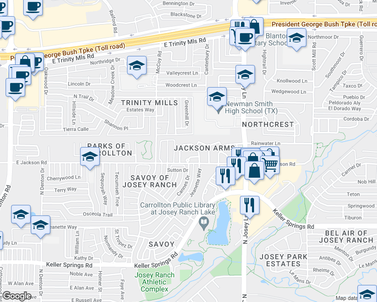 map of restaurants, bars, coffee shops, grocery stores, and more near 2204 Jackson Circle in Carrollton