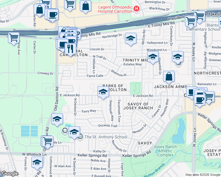 map of restaurants, bars, coffee shops, grocery stores, and more near 1316 Yellowstone Lane in Carrollton