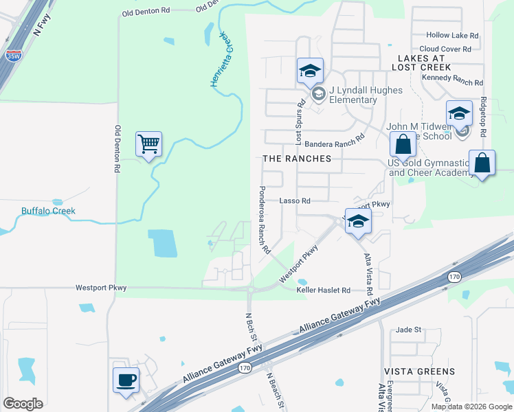 map of restaurants, bars, coffee shops, grocery stores, and more near 3400 Westfork Ranch Road in Roanoke