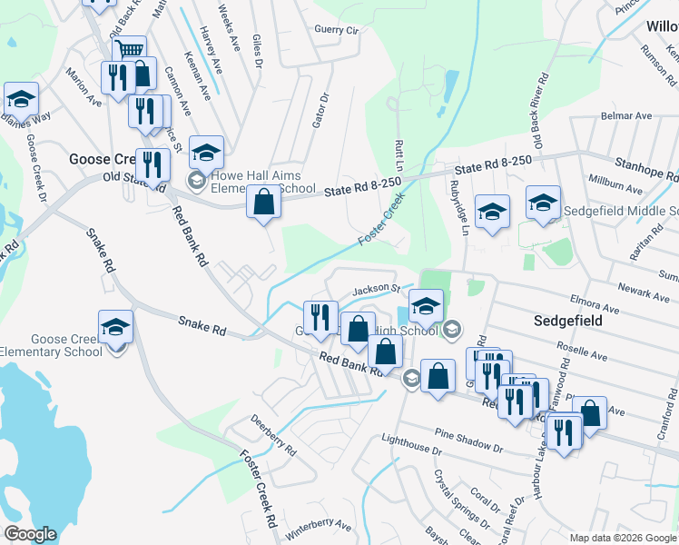 map of restaurants, bars, coffee shops, grocery stores, and more near 428 Truman Drive in Goose Creek