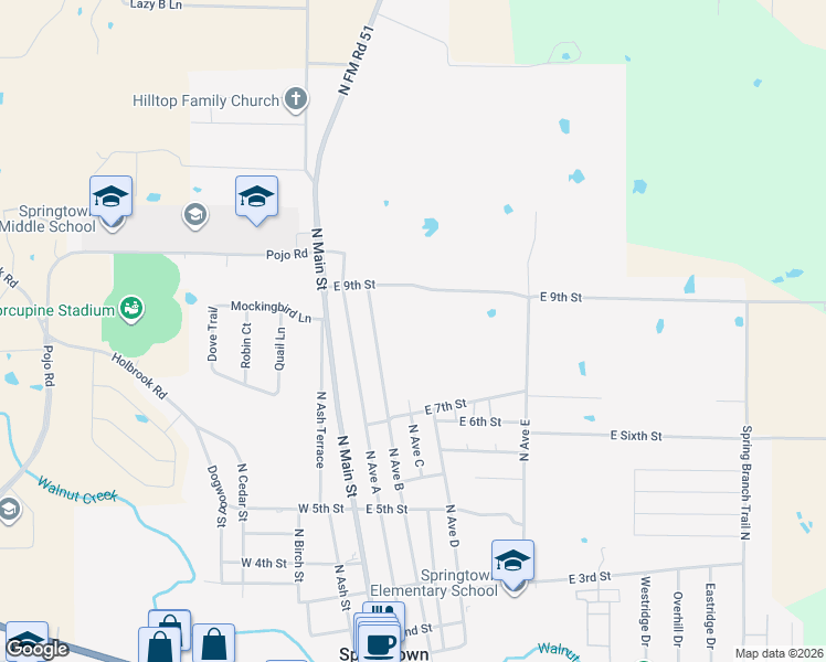 map of restaurants, bars, coffee shops, grocery stores, and more near 816 North Avenue B in Springtown