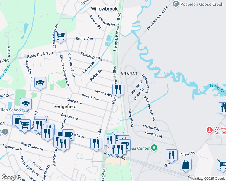 map of restaurants, bars, coffee shops, grocery stores, and more near 2 Summit Avenue in Goose Creek