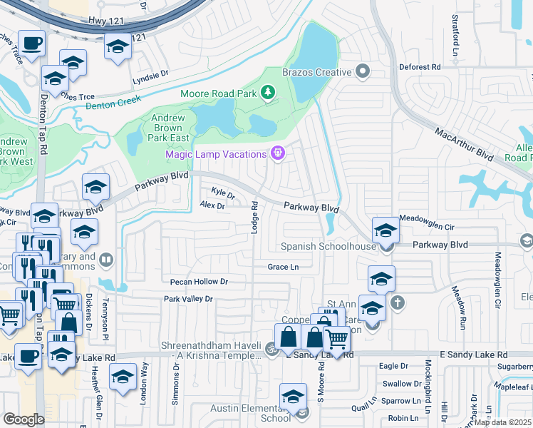 map of restaurants, bars, coffee shops, grocery stores, and more near 250 Willingham Drive in Coppell