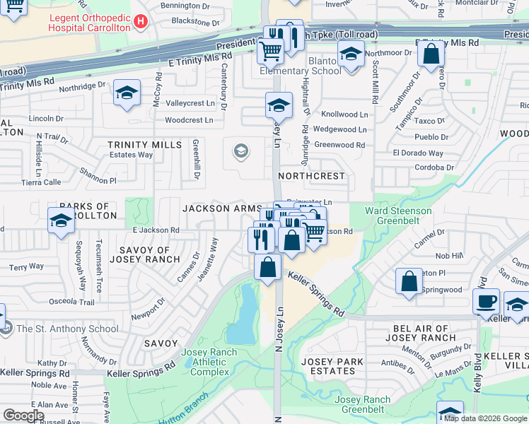 map of restaurants, bars, coffee shops, grocery stores, and more near 2211 Salem Drive in Carrollton