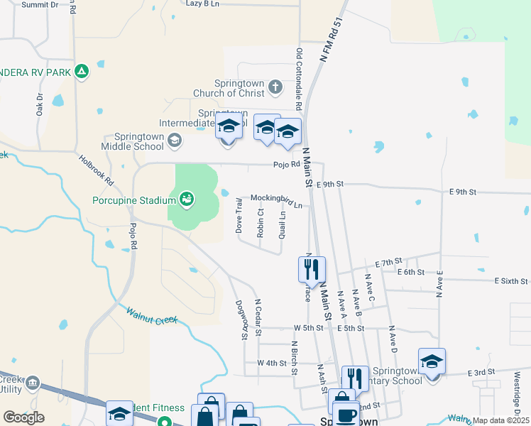 map of restaurants, bars, coffee shops, grocery stores, and more near 804 Robin Court in Springtown