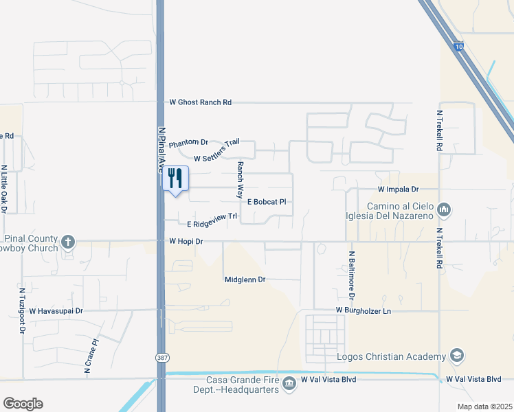 map of restaurants, bars, coffee shops, grocery stores, and more near 3836 Ranch Way in Casa Grande