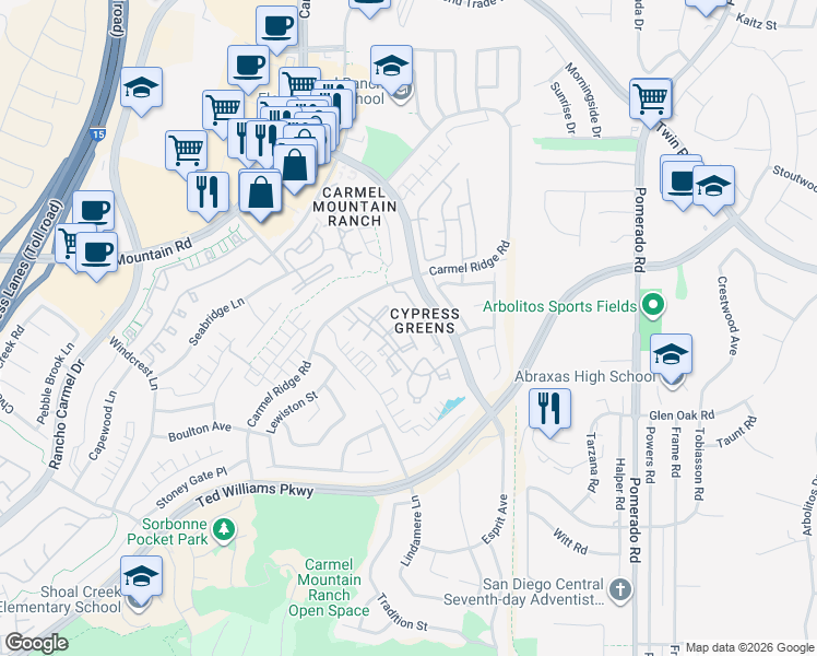map of restaurants, bars, coffee shops, grocery stores, and more near 11961 Tivoli Park Row in San Diego