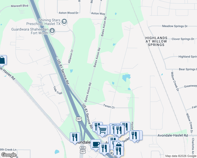 map of restaurants, bars, coffee shops, grocery stores, and more near 13624 Bates Aston Road in Haslet