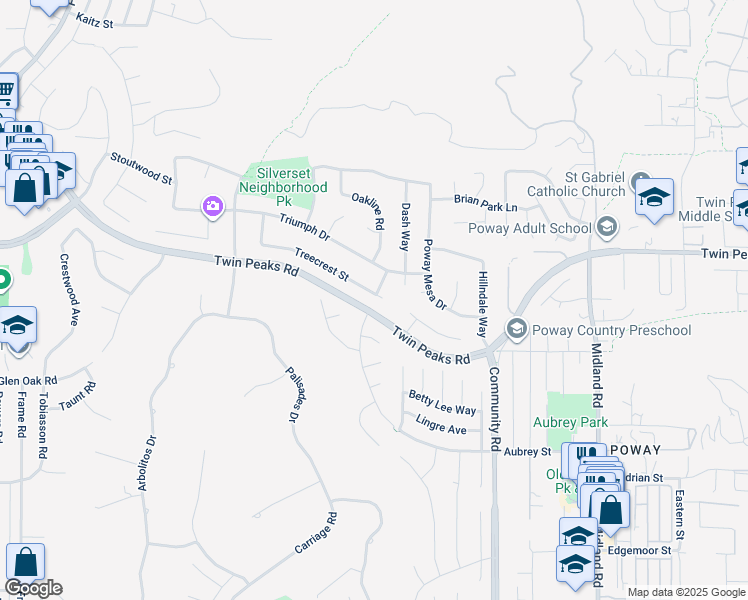map of restaurants, bars, coffee shops, grocery stores, and more near 13267 Treecrest Street in Poway