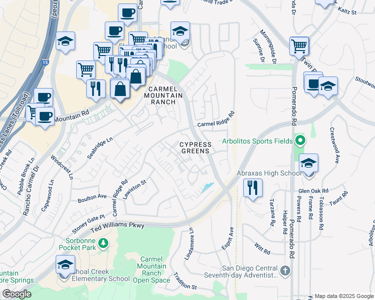 map of restaurants, bars, coffee shops, grocery stores, and more near 11992 Tivoli Park Row in San Diego