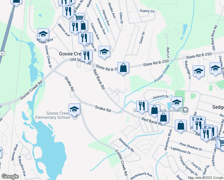 map of restaurants, bars, coffee shops, grocery stores, and more near 833 Red Bank Road in Goose Creek