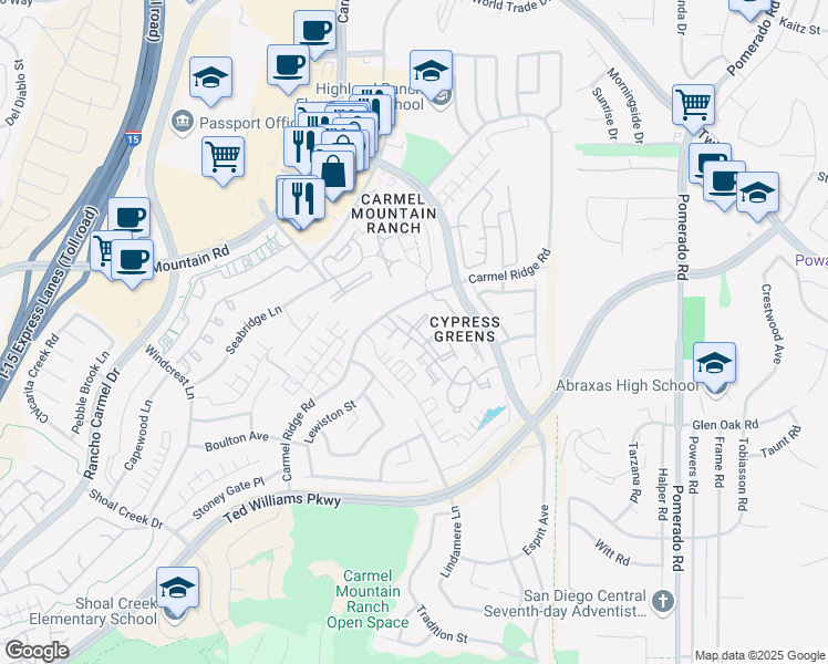 map of restaurants, bars, coffee shops, grocery stores, and more near 11963 Tivoli Park Row in San Diego