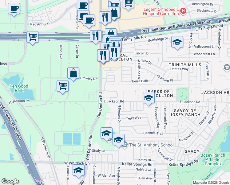 map of restaurants, bars, coffee shops, grocery stores, and more near 1064 Alyssa Lane in Carrollton