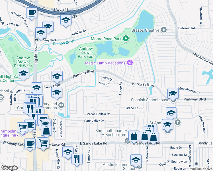 map of restaurants, bars, coffee shops, grocery stores, and more near 329 Beechwood Lane in Coppell