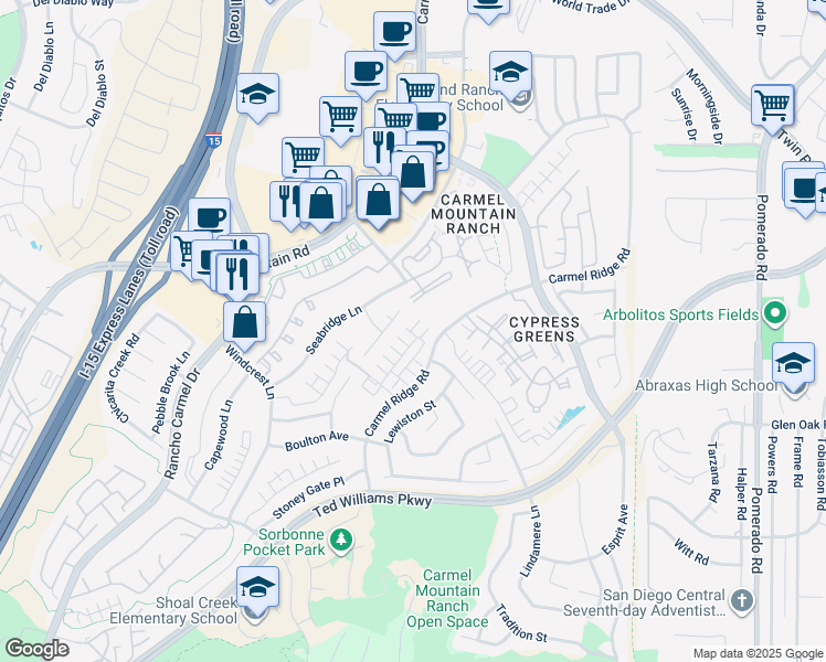 map of restaurants, bars, coffee shops, grocery stores, and more near 14278 Jonah Way in San Diego