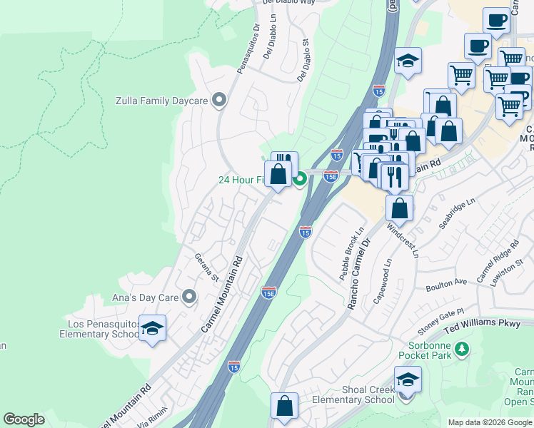 map of restaurants, bars, coffee shops, grocery stores, and more near 11075 Carmel Mountain Rd in San Diego