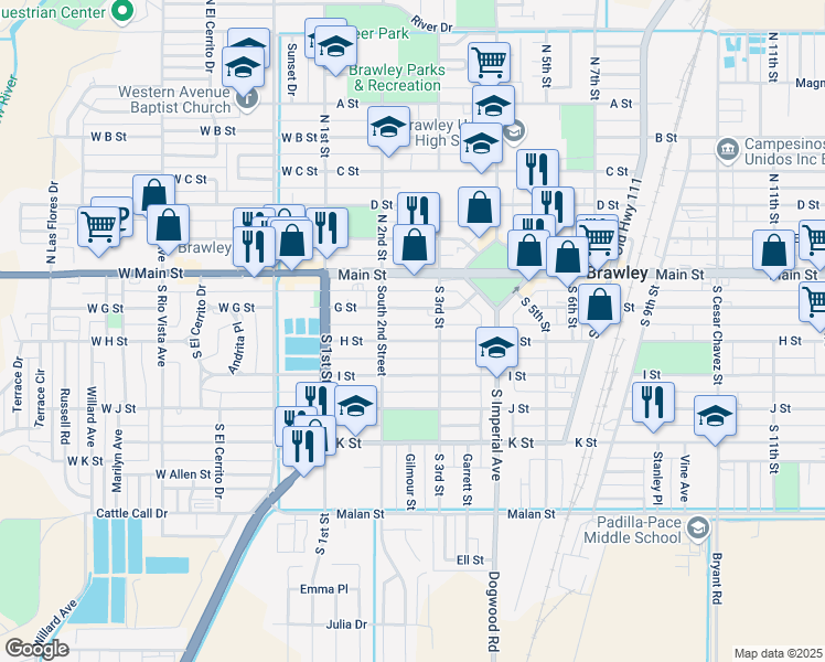 map of restaurants, bars, coffee shops, grocery stores, and more near 292 H St in Brawley