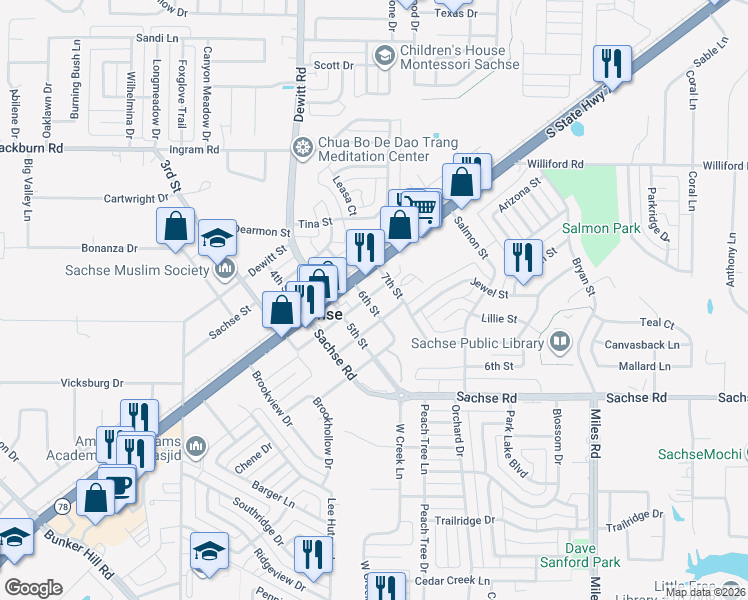 map of restaurants, bars, coffee shops, grocery stores, and more near 6004 Billingsley Street in Sachse
