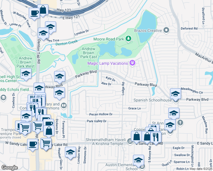 map of restaurants, bars, coffee shops, grocery stores, and more near 365 Kyle Drive in Coppell