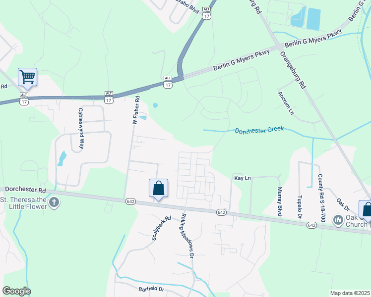 map of restaurants, bars, coffee shops, grocery stores, and more near 117 Beaty Lane in Summerville