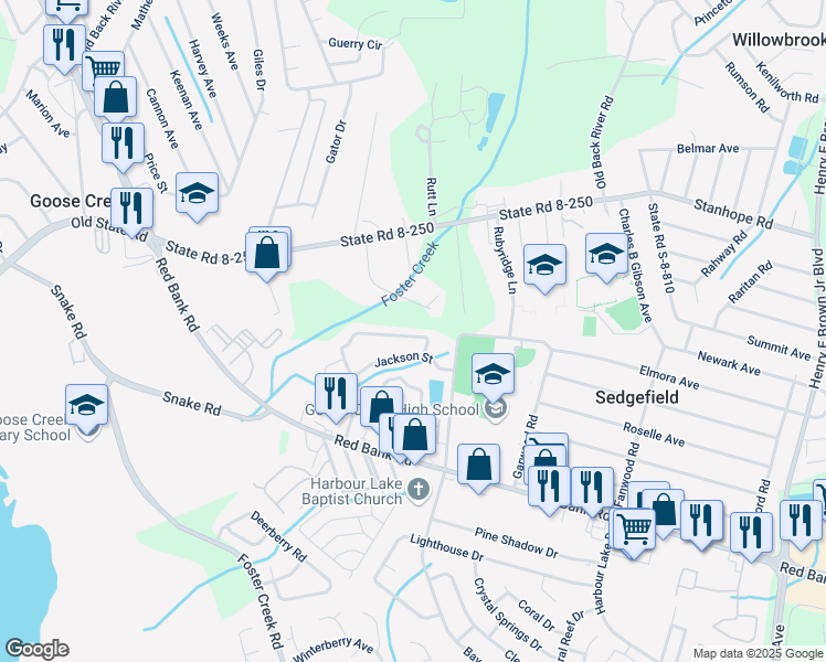map of restaurants, bars, coffee shops, grocery stores, and more near 342 Faith Lane in Goose Creek