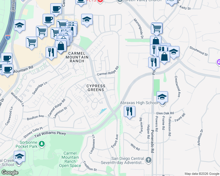 map of restaurants, bars, coffee shops, grocery stores, and more near 12146 Corte Vicenza in San Diego