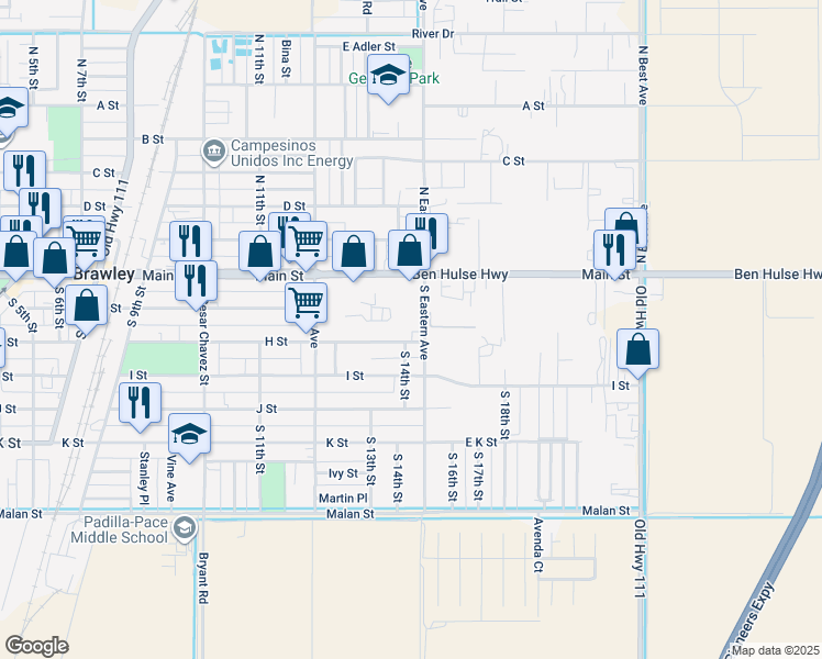 map of restaurants, bars, coffee shops, grocery stores, and more near 205 South Eastern Avenue in Brawley