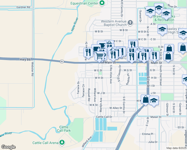 map of restaurants, bars, coffee shops, grocery stores, and more near 533-535 West G Street in Brawley